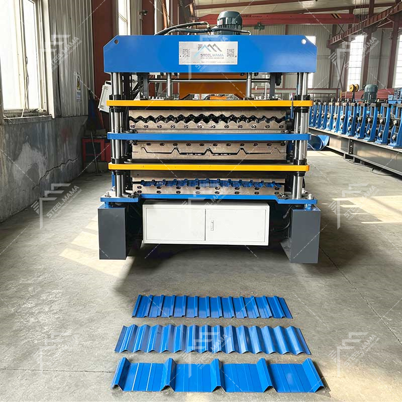 Línea de máquinas formadoras de rollos de láminas de techo de tres capas para paneles de pared Premium 988 corrugado, 1000 trapezoidal y 996 para Palestina